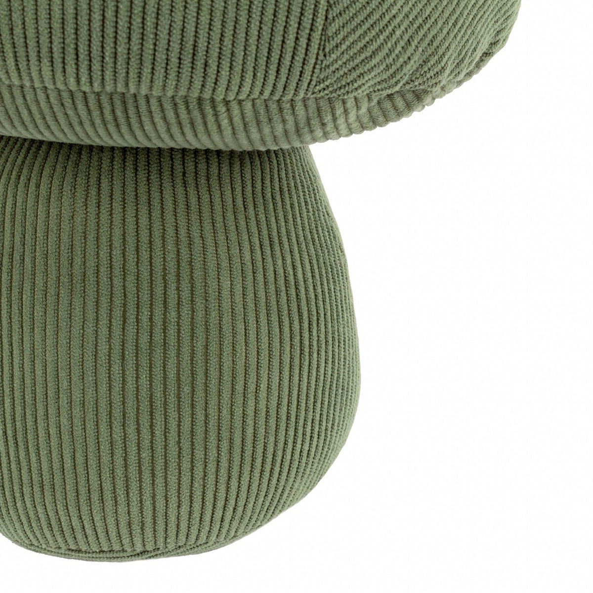 Close-up of the Cord Mushroom Woodland Velvet Door Stop in forest green, showing ridged corduroy texture on the domed cap and rounded stem against a white background.