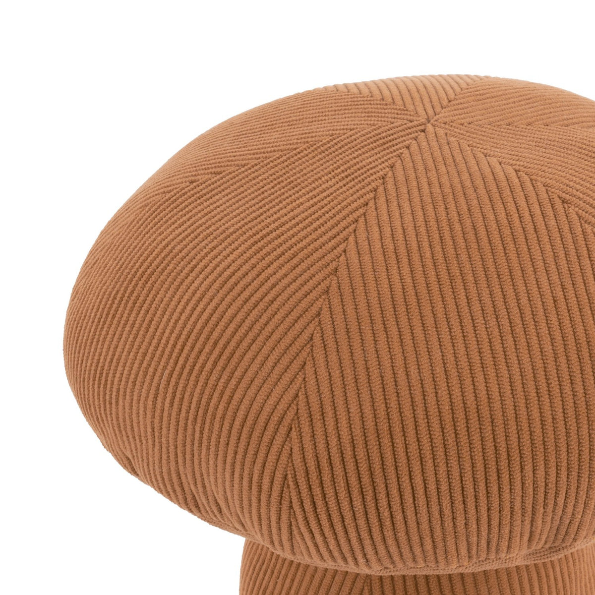 Close-up of the Cord Mushroom Woodland Velvet Door Stop in rust, showing the domed cap in ribbed corduroy velvet with fine vertical wale texture, on a plain white background.