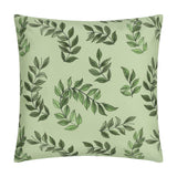 Square polyester cushion in pale green with a hand-painted botanical leaf pattern in shades of green, shown on a plain white background.