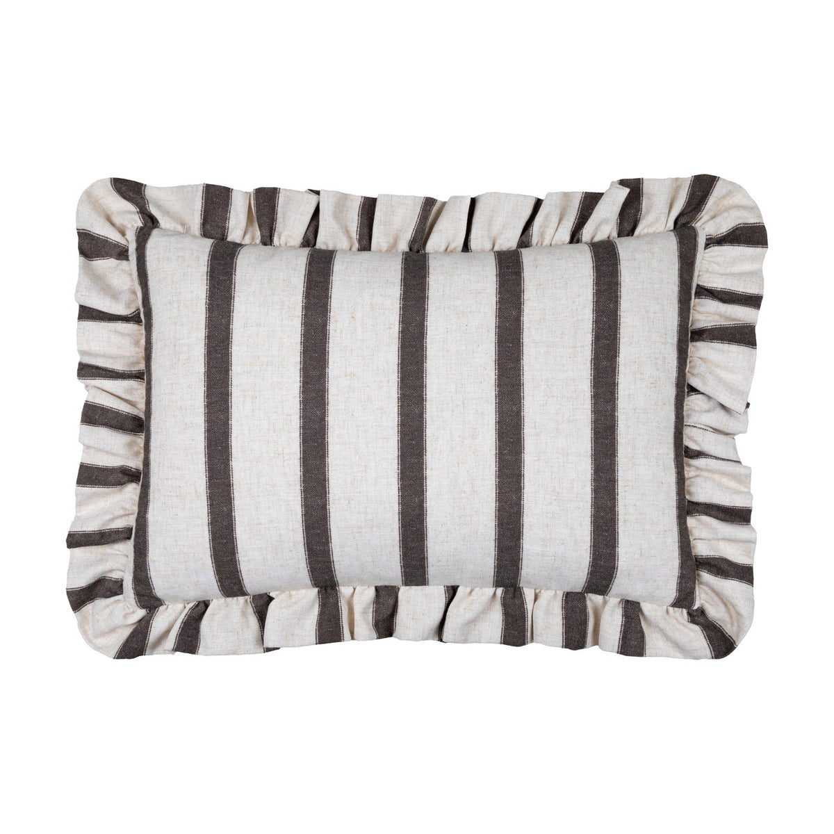 Connie Striped Linen Cushion in Chocolate, a rectangular lumbar cushion with cream and brown vertical stripes and a gathered ruffled edge, shown on a plain white background.