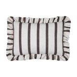 Connie Striped Linen Cushion in Chocolate, a rectangular lumbar cushion with cream and brown vertical stripes and a gathered ruffled edge, shown on a plain white background.