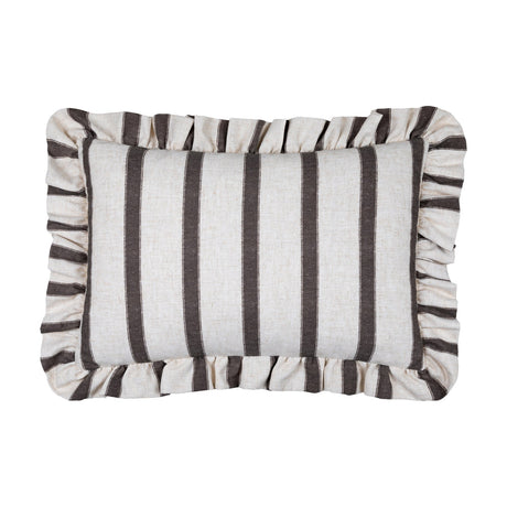 Connie Striped Linen Cushion in Chocolate, a rectangular lumbar cushion with cream and brown vertical stripes and a gathered ruffled edge, shown on a plain white background.