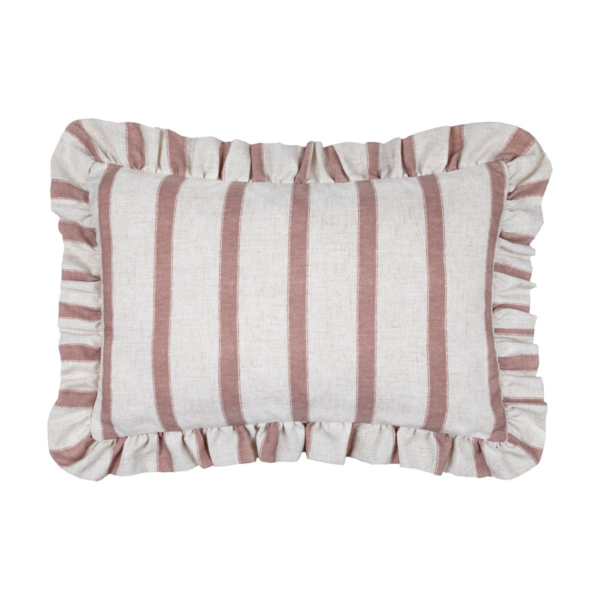Connie Striped Linen Cushion in clay pink, a rectangular cushion with vertical stripes on a natural oatmeal ground and a gathered ruffle edge, shown on a plain white background.