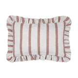 Connie Striped Linen Cushion in clay pink, a rectangular cushion with vertical stripes on a natural oatmeal ground and a gathered ruffle edge, shown on a plain white background.