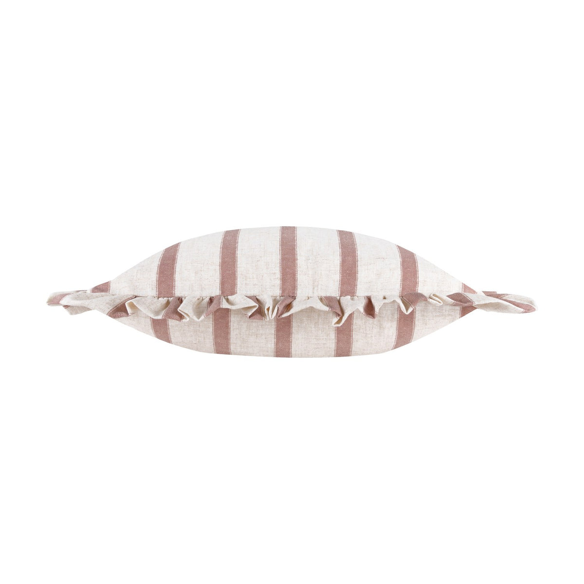 Connie Striped Linen Cushion in clay pink and natural oatmeal, shown end-on with gathered ruffle trim along the edge, on a plain white background.