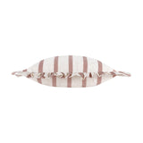 Connie Striped Linen Cushion in clay pink and natural oatmeal, shown end-on with gathered ruffle trim along the edge, on a plain white background.