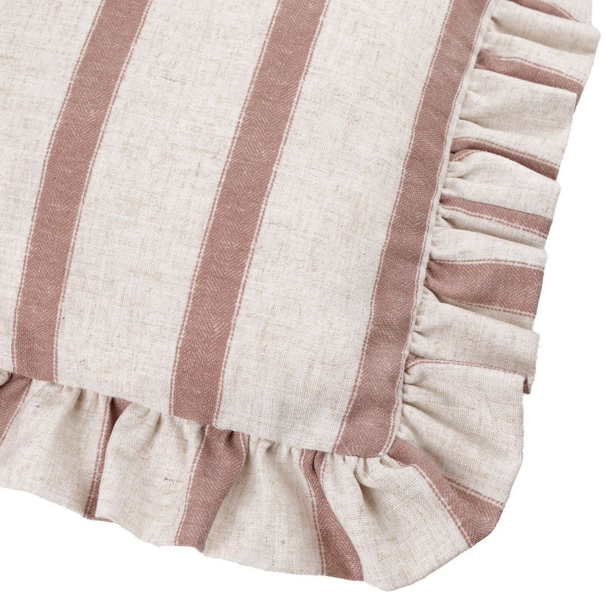 Close-up of the Connie Striped Linen Cushion in clay pink, showing woven stripes on a natural oatmeal ground with a gathered ruffle trim along the edge.