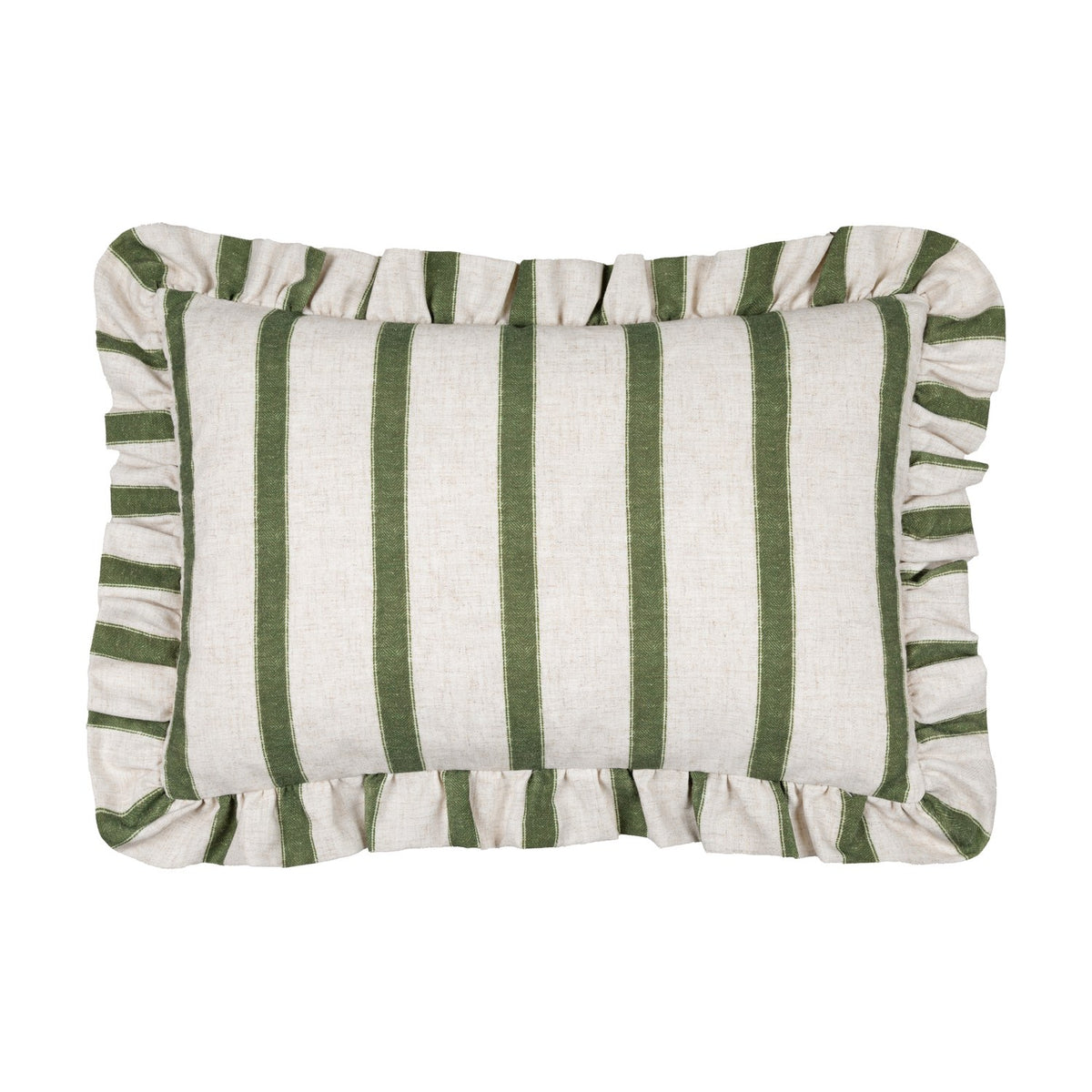 Connie Striped Linen Cushion in moss green, rectangular with vertical stripes on natural oatmeal linen-look fabric and a gathered ruffle trim, shown on a plain white background.