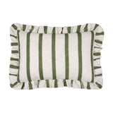 Connie Striped Linen Cushion in moss green, rectangular with vertical stripes on natural oatmeal linen-look fabric and a gathered ruffle trim, shown on a plain white background.
