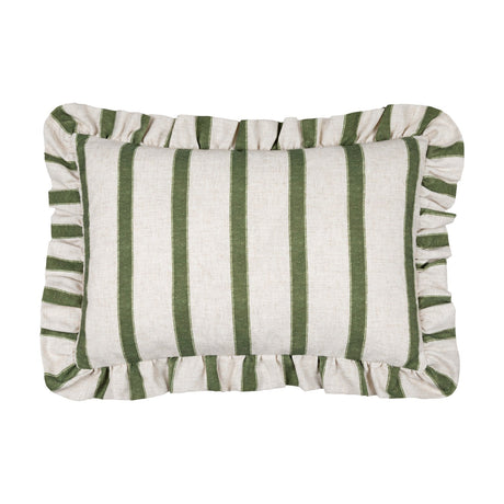 Connie Striped Linen Cushion in moss green, rectangular with vertical stripes on natural oatmeal linen-look fabric and a gathered ruffle trim, shown on a plain white background.