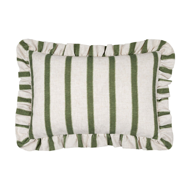 Connie Striped Linen Cushion in moss green, rectangular with vertical stripes on natural oatmeal linen-look fabric and a gathered ruffle trim, shown on a plain white background.