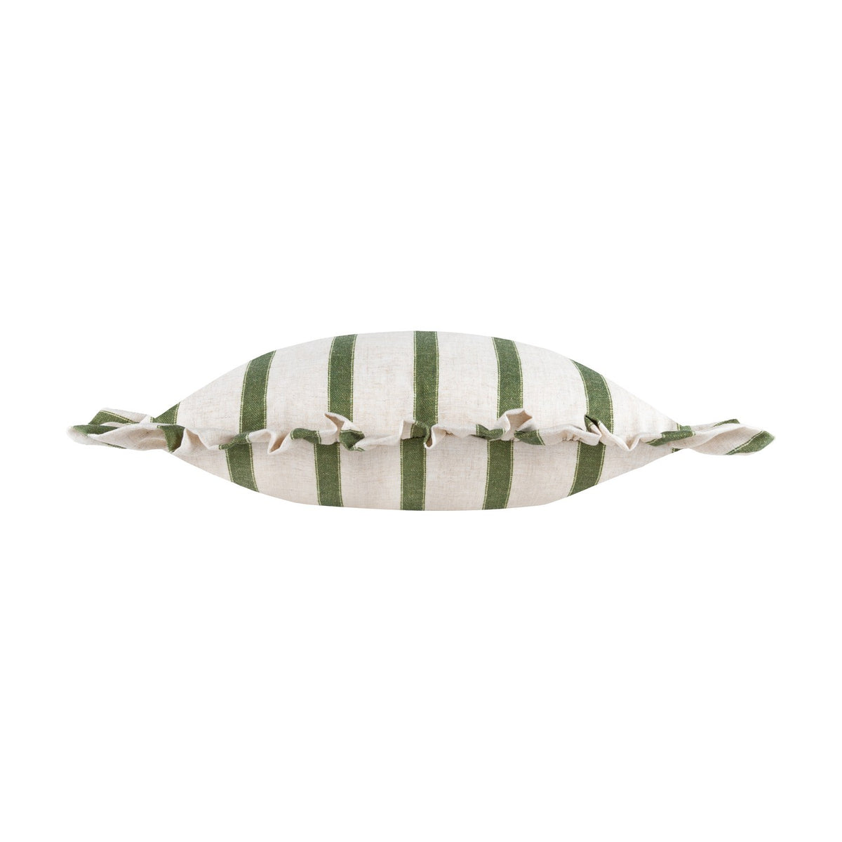 Connie Striped Linen Cushion in moss green and natural oatmeal vertical stripes, rectangular shape with gathered ruffle trim edging, shown on a plain white background.