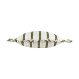 Connie Striped Linen Cushion in moss green and natural oatmeal vertical stripes, rectangular shape with gathered ruffle trim edging, shown on a plain white background.