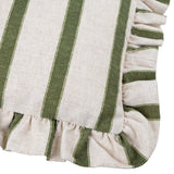 Close-up of the Connie striped linen cushion in moss green, showing vertical stripes on natural oatmeal fabric with a gathered ruffle trim along the edges.