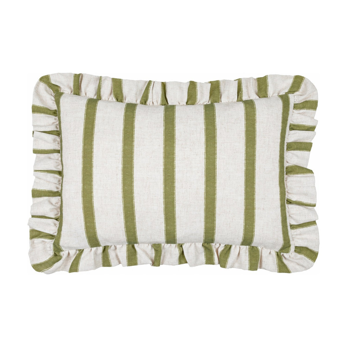 Connie Striped Linen Cushion in Olive, a rectangular ruffle-edged cushion with olive green stripes on an oatmeal linen-blend ground, shown on a plain white background.