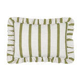Connie Striped Linen Cushion in Olive, a rectangular ruffle-edged cushion with olive green stripes on an oatmeal linen-blend ground, shown on a plain white background.