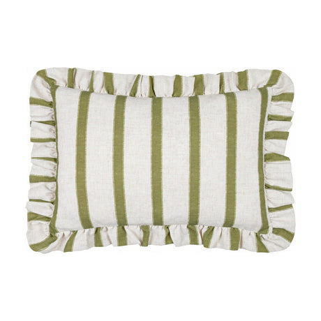 Connie Striped Linen Cushion in Olive, a rectangular ruffle-edged cushion with olive green stripes on an oatmeal linen-blend ground, shown on a plain white background.