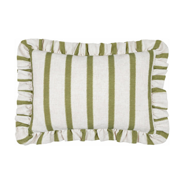 Connie Striped Linen Cushion in Olive, a rectangular ruffle-edged cushion with olive green stripes on an oatmeal linen-blend ground, shown on a plain white background.