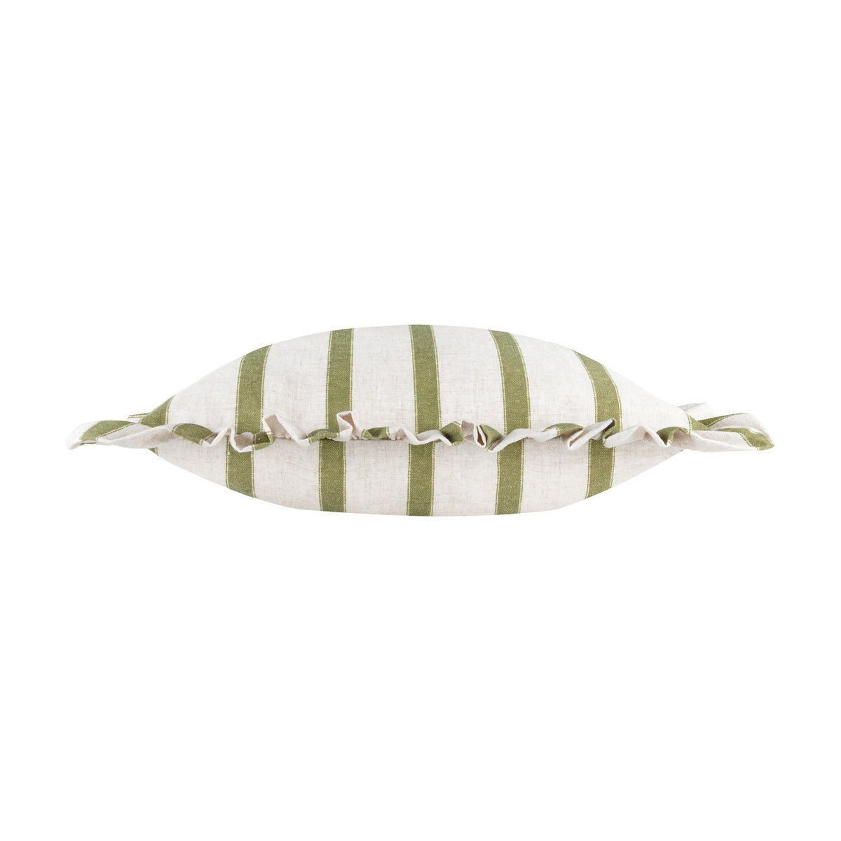 Connie Striped Linen Cushion in olive, a rectangular ruffle-edged cushion with green stripes on an oatmeal linen-blend ground, shown side-on on a white background.