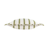 Connie Striped Linen Cushion in olive, a rectangular ruffle-edged cushion with green stripes on an oatmeal linen-blend ground, shown side-on on a white background.