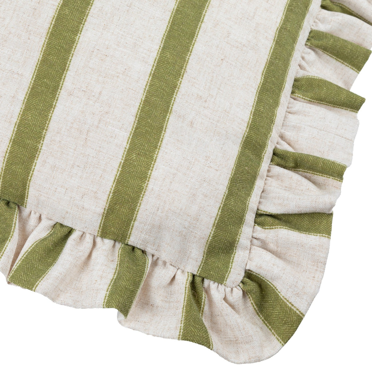 Close-up of the Connie Striped Linen Cushion in olive, showing broad green stripes on an oatmeal linen-blend ground with a gathered ruffle edge trim.