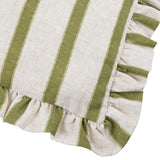 Close-up of the Connie Striped Linen Cushion in olive, showing broad green stripes on an oatmeal linen-blend ground with a gathered ruffle edge trim.
