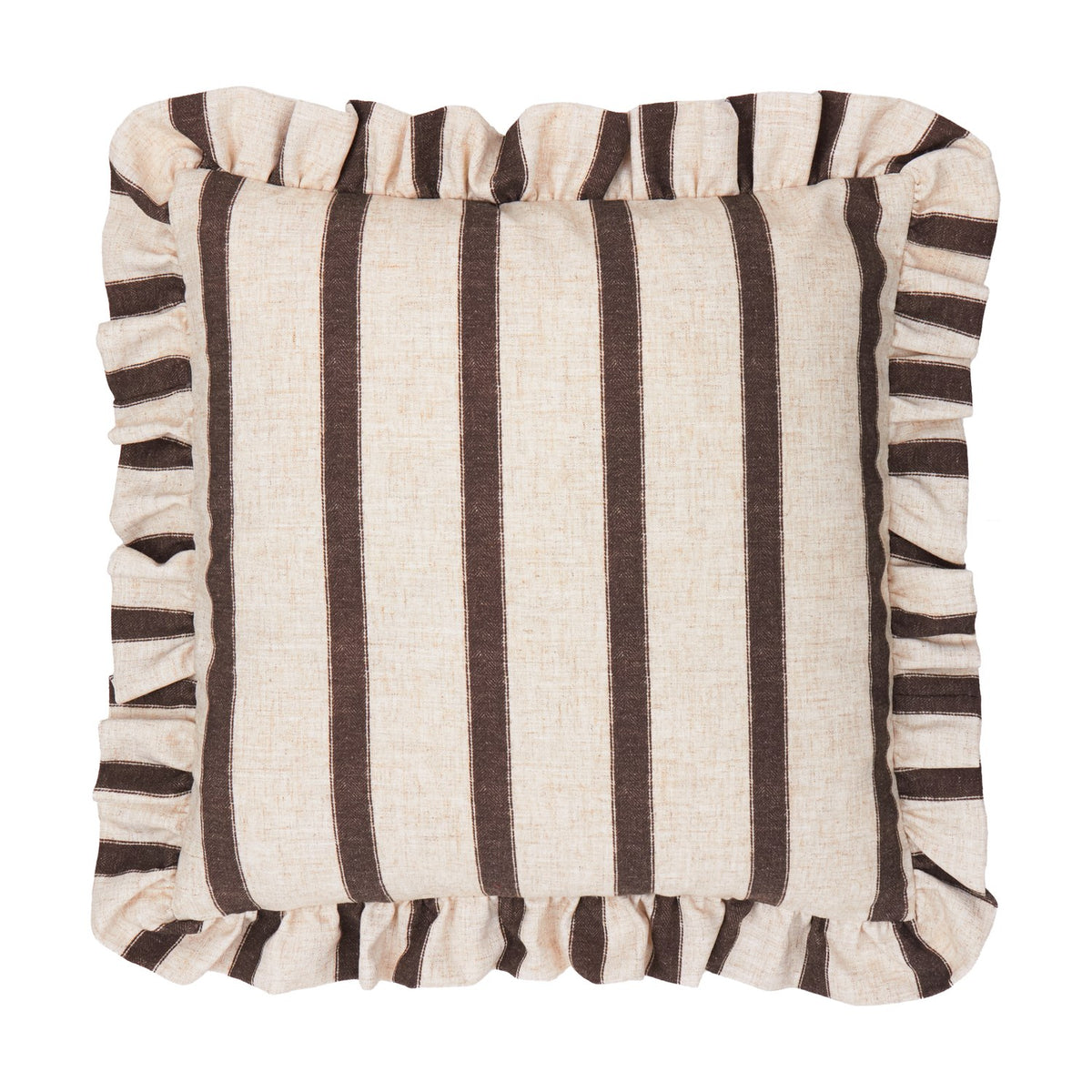 Connie Striped Linen Cushion in Chocolate, a 45 x 45cm square cushion with cream ground, broad brown vertical stripes, and a gathered ruffled edge, shown on a plain white background.