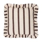 Connie Striped Linen Cushion in Chocolate, a 45 x 45cm square cushion with cream ground, broad brown vertical stripes, and a gathered ruffled edge, shown on a plain white background.