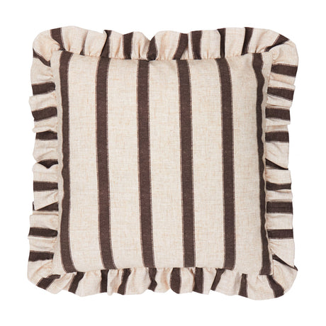 Connie Striped Linen Cushion in Chocolate, a 45 x 45cm square cushion with cream ground, broad brown vertical stripes, and a gathered ruffled edge, shown on a plain white background.