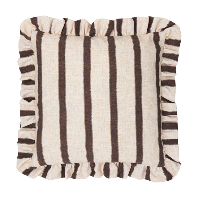 Connie Striped Linen Cushion in Chocolate, a 45 x 45cm square cushion with cream ground, broad brown vertical stripes, and a gathered ruffled edge, shown on a plain white background.