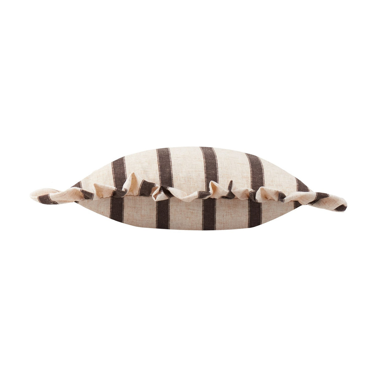 Connie Striped Linen Cushion in Chocolate, a cream square cushion with broad brown stripes and an all-round gathered ruffle, shown on a plain white background.