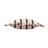 Connie Striped Linen Cushion in Chocolate, a cream square cushion with broad brown stripes and an all-round gathered ruffle, shown on a plain white background.