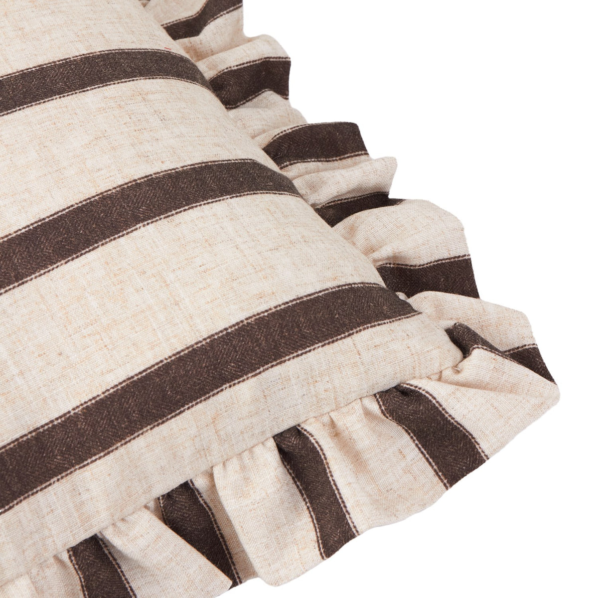 Close-up of the Connie Striped Linen Cushion in Chocolate, showing a cream linen-look cover with broad brown stripes and a gathered ruffled edge, on a white background.