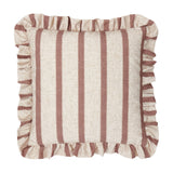 Connie Striped Linen Cushion in Clay Pink, a 45x45cm square cushion with clay pink stripes on an oatmeal linen-look weave, finished with a gathered frill edge, shown on a plain white background.