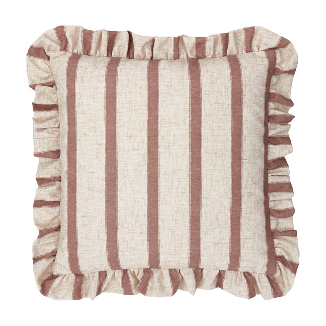 Connie Striped Linen Cushion in Clay Pink, a 45x45cm square cushion with clay pink stripes on an oatmeal linen-look weave, finished with a gathered frill edge, shown on a plain white background.