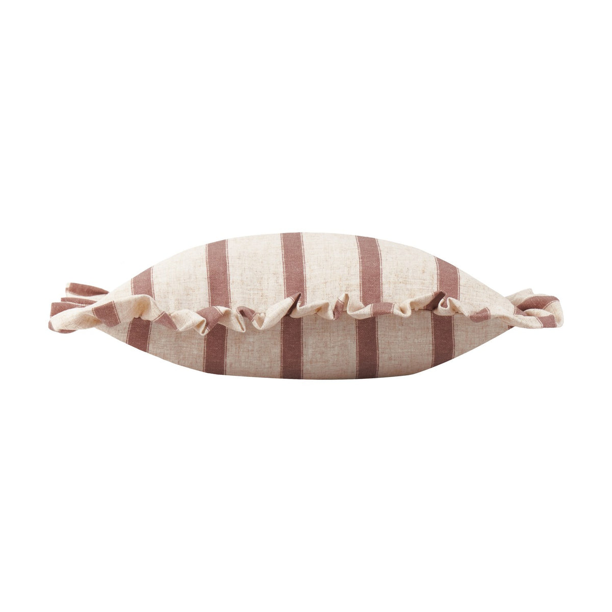 Connie Striped Linen Cushion in clay pink, a 45x45cm scatter cushion with oatmeal linen-look fabric, woven stripes, and a gathered frill edge, shown on a white background.