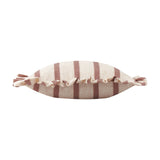 Connie Striped Linen Cushion in clay pink, a 45x45cm scatter cushion with oatmeal linen-look fabric, woven stripes, and a gathered frill edge, shown on a white background.