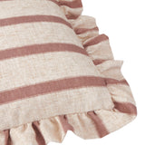 Close-up of the Connie Striped Linen Cushion in Clay Pink, showing woven pink stripes on an oatmeal linen-look fabric with a gathered frill edge.