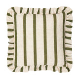 Connie Striped Linen Cushion in Moss, a 45 x 45cm square cushion with vertical moss green stripes on a natural oatmeal linen-look weave and a frilled edge trim, shown on a plain white background.