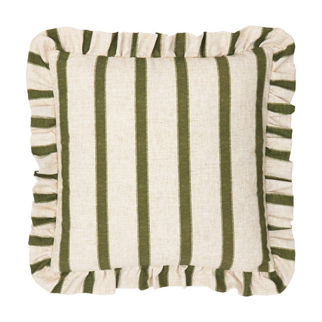 Connie Striped Linen Cushion in Moss, a 45 x 45cm square cushion with vertical moss green stripes on a natural oatmeal linen-look weave and a frilled edge trim, shown on a plain white background.