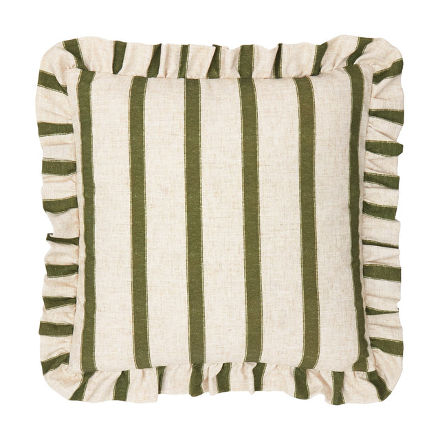 Connie Striped Linen Cushion in Moss, a 45 x 45cm square cushion with vertical moss green stripes on a natural oatmeal linen-look weave and a frilled edge trim, shown on a plain white background.