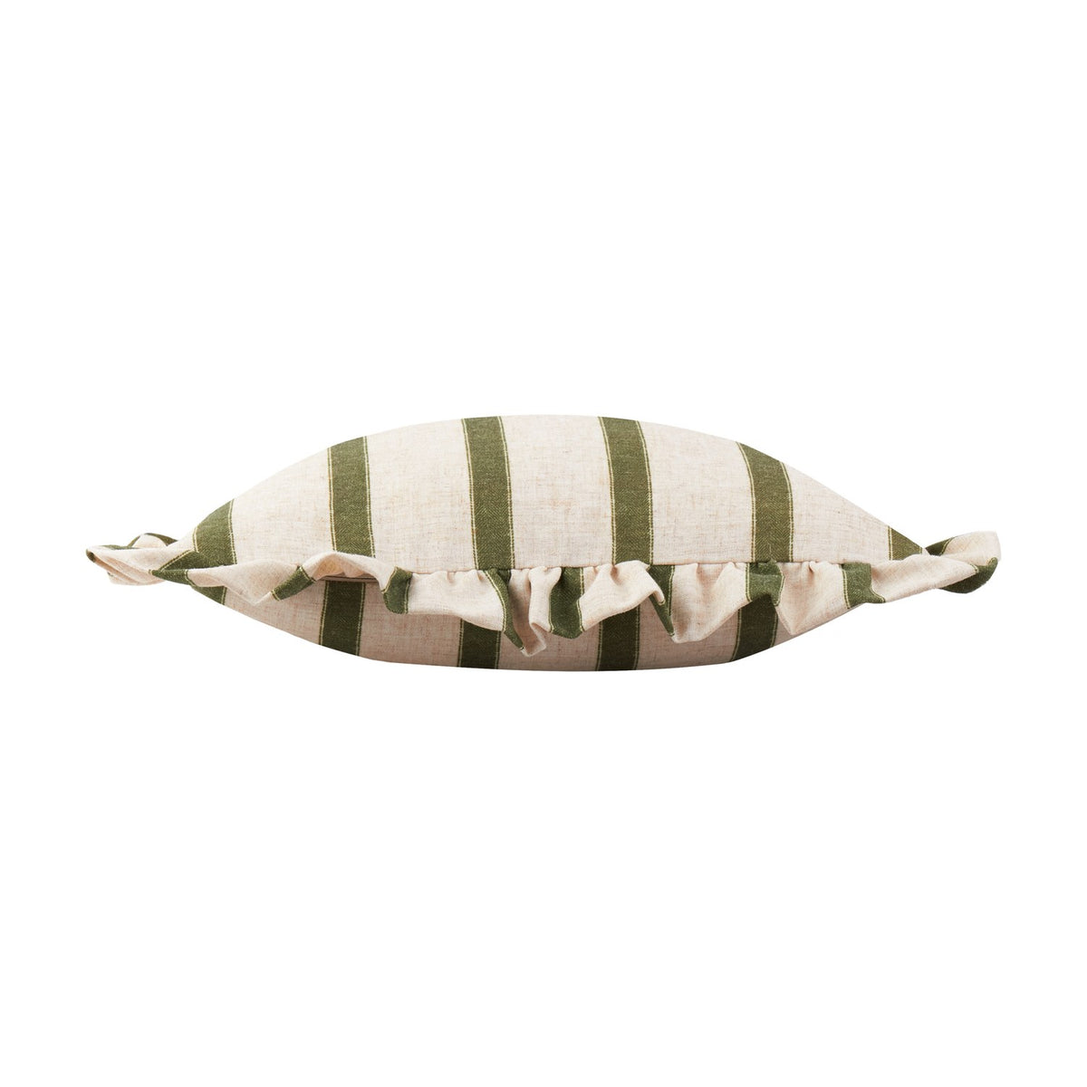 Connie Striped Linen Cushion in Moss, shown side-on with green vertical stripes on natural linen and a gathered frilled edge trim, against a plain white background.