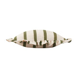 Connie Striped Linen Cushion in Moss, shown side-on with green vertical stripes on natural linen and a gathered frilled edge trim, against a plain white background.