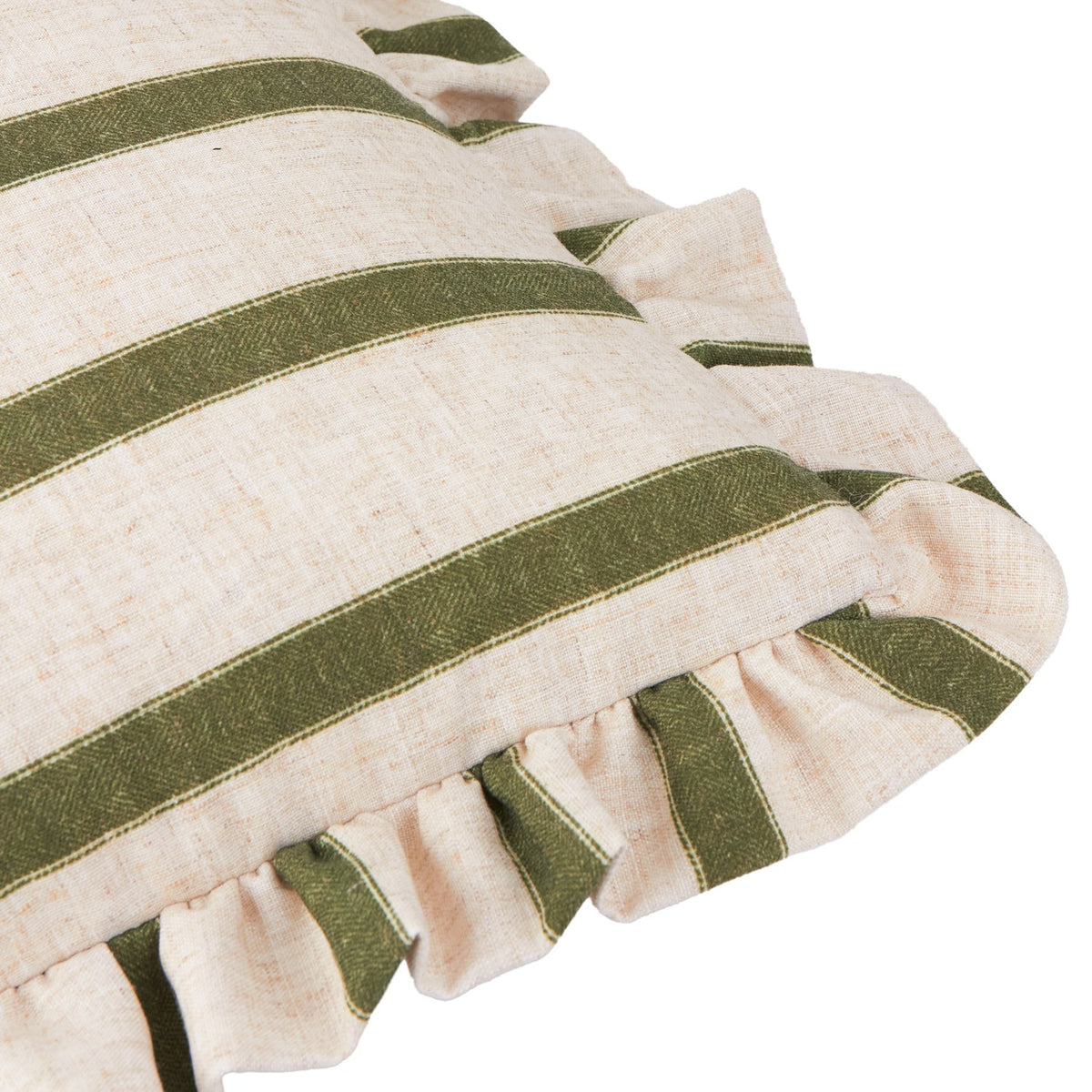 Close-up of the Connie Striped Linen Cushion in Moss, showing oatmeal linen-look fabric with deep moss green stripes and a gathered frilled edge trim.