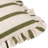 Close-up of the Connie Striped Linen Cushion in Moss, showing oatmeal linen-look fabric with deep moss green stripes and a gathered frilled edge trim.