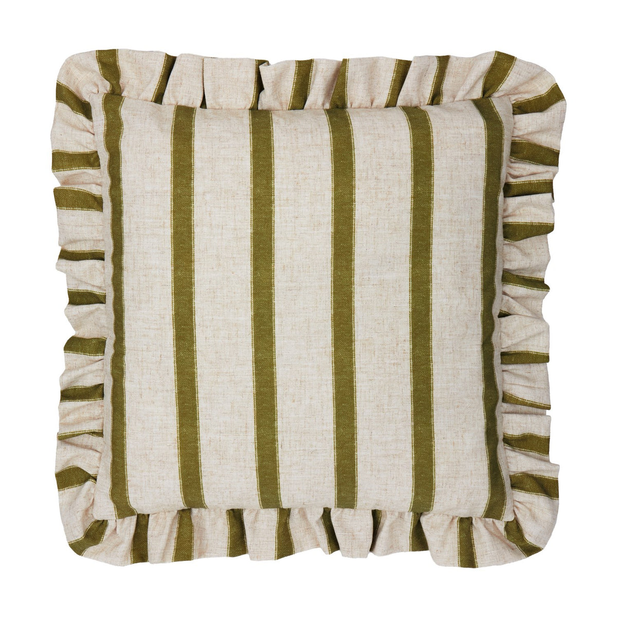Connie Striped Linen Cushion in olive on cream, square with a ruffled edge trim, linen-look fabric with vertical stripes, shown against a plain white background.