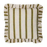 Connie Striped Linen Cushion in olive on cream, square with a ruffled edge trim, linen-look fabric with vertical stripes, shown against a plain white background.