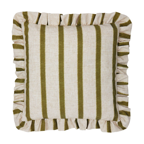 Connie Striped Linen Cushion in olive on cream, square with a ruffled edge trim, linen-look fabric with vertical stripes, shown against a plain white background.