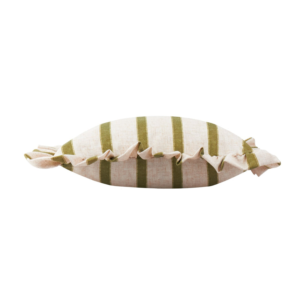 Connie Striped Linen Cushion in olive shown lying on its side, revealing a ruffled trim edge and cream fabric with green stripes, set against a plain white background.
