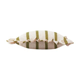 Connie Striped Linen Cushion in olive shown lying on its side, revealing a ruffled trim edge and cream fabric with green stripes, set against a plain white background.